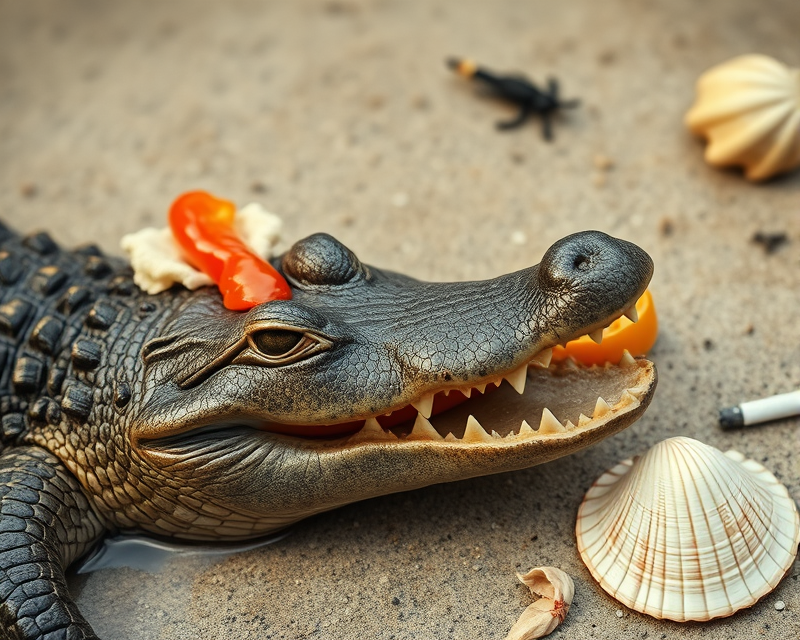 crocodile, hot dog, bell pepper, cigarette, seashell